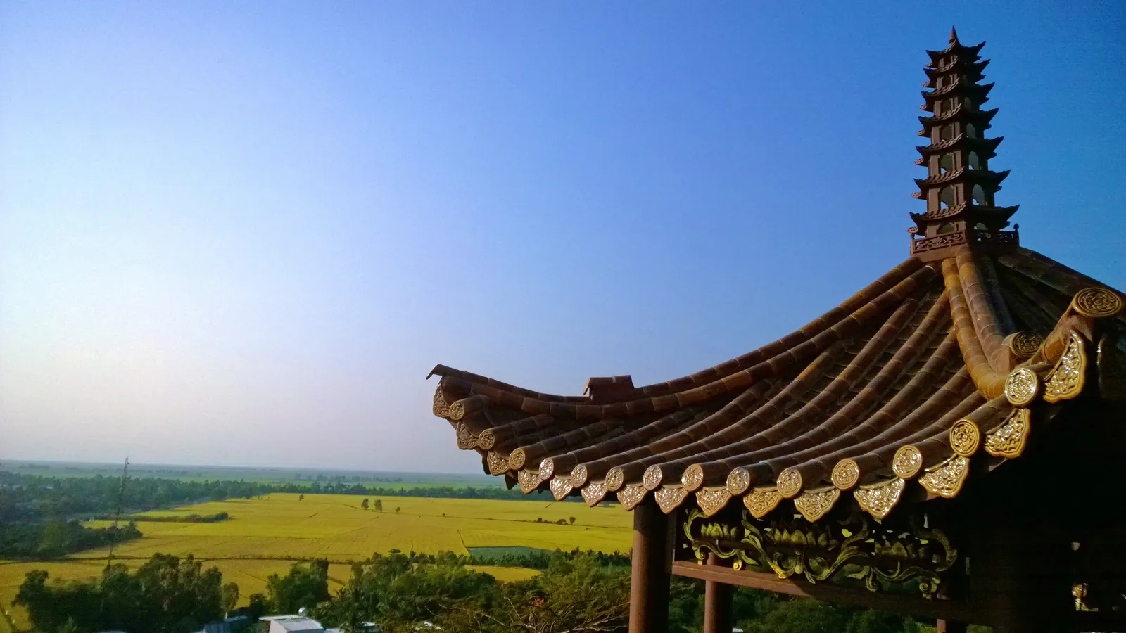 Mái ngói cong với diềm hoa văn mạ vàng và tháp nhiều tầng của một ngôi chùa trên sườn Núi Sam, phía dưới là đồng lúa chín trải phẳng tới chân trời.