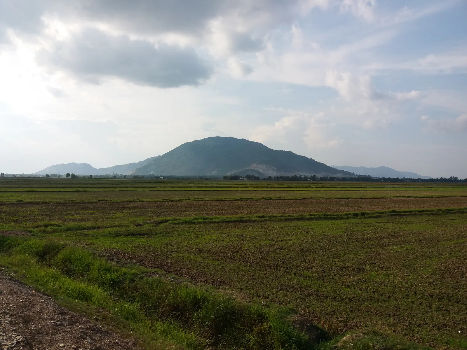 Núi Cô Tô nhô lên đơn độc giữa cánh đồng vừa gặt ở huyện Tri Tôn, An Giang, sườn núi mang vệt khai thác đá sáng màu